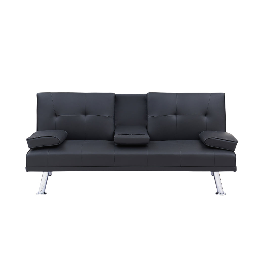 Black Leather Office Double Folding Sofa Bed with Matching Coffee Table, Multifunctional Design