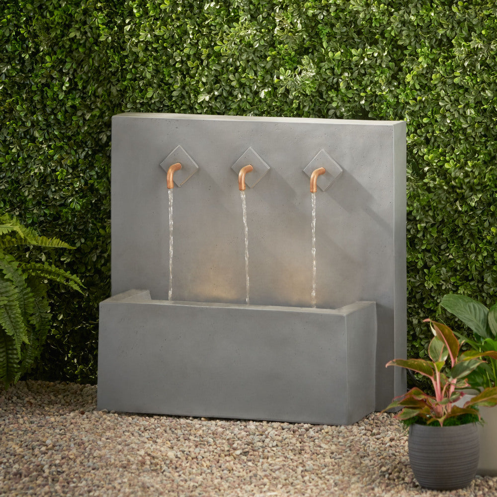 26" High Cody Outdoor Fountain, Hand Crafted Weather Resistant Wall Base Fountain, Light Gray