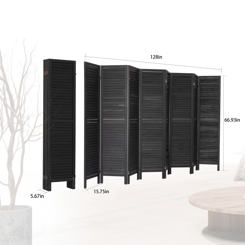 8 Panel Room Divider, Folding Room Divider Privacy Screen 5.6Ft Tall, Wood Freestanding Louvered Divider Screen for Home Office Restaurant Bedroom(Black)