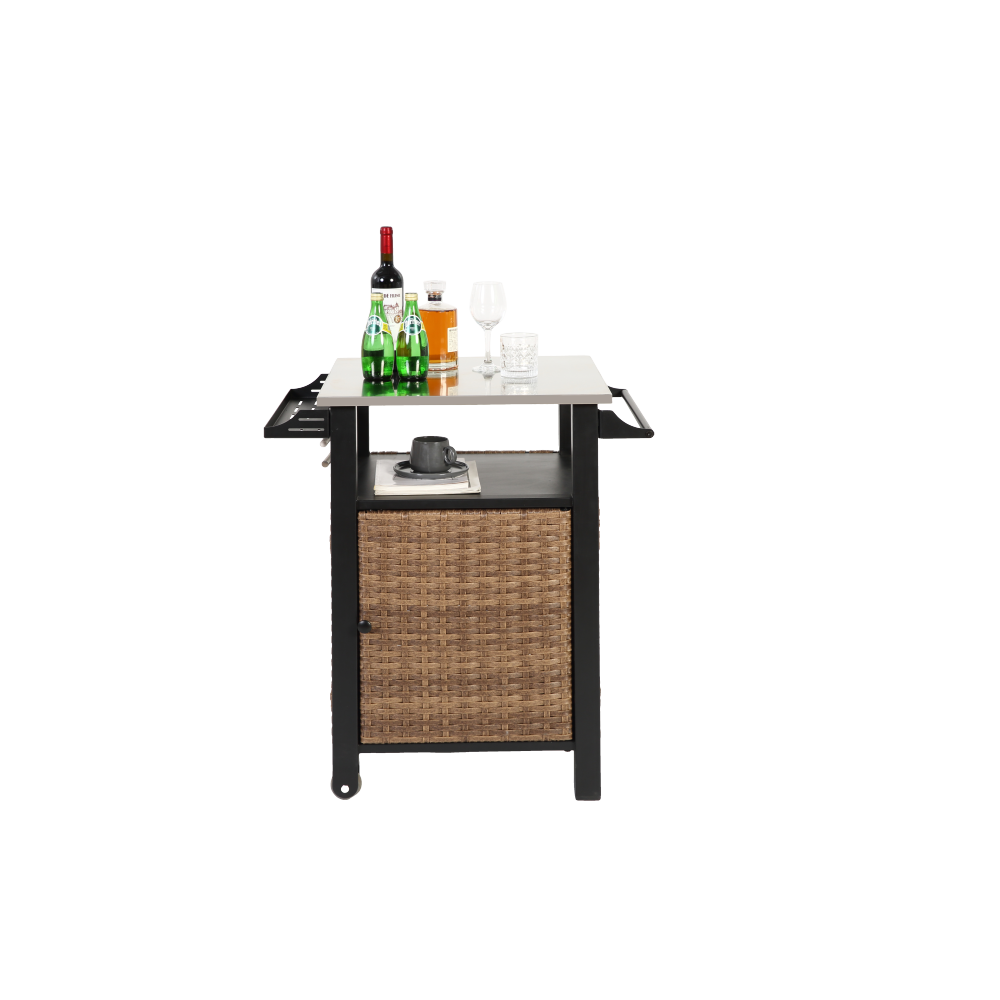 Single door bar cart,Outdoor Kitchen Wicker Island Rolling Cart & Storage Cabinet, Wheels and Stainless Steel Extended Table Top, Side Handle for Patio Kitchen or Bar Cart, Brown