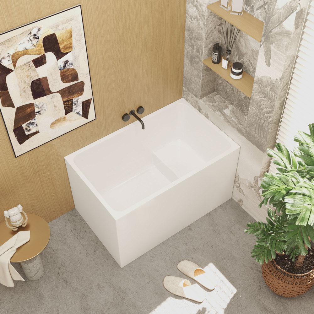 43" Acrylic Freestanding Bathtub with seat: Spacious rectangle Shape, Gloss White Finish, Chrome Overflow & Pop-Up Drain