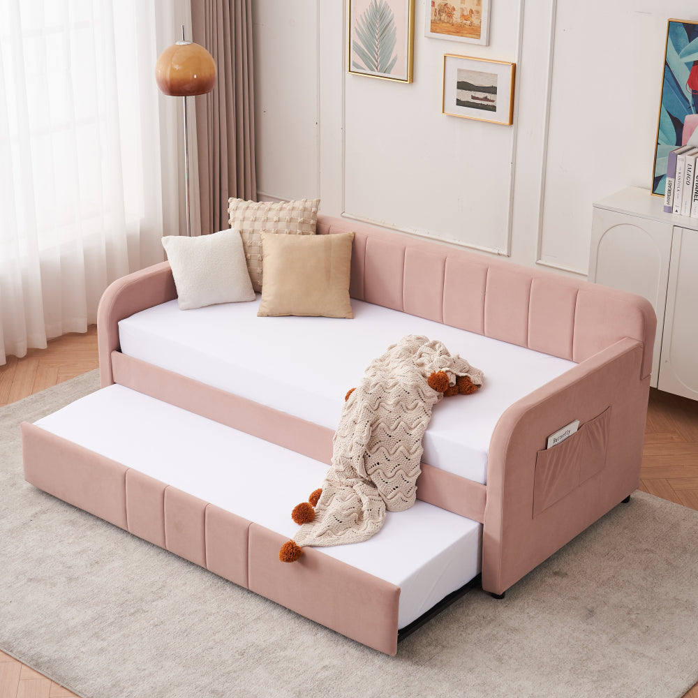 Twin Upholstered Daybed Frame with Trundle, Twin Size Sofa Bed for Bedroom Living Room Guest Room, Wood Slat Support,Grey