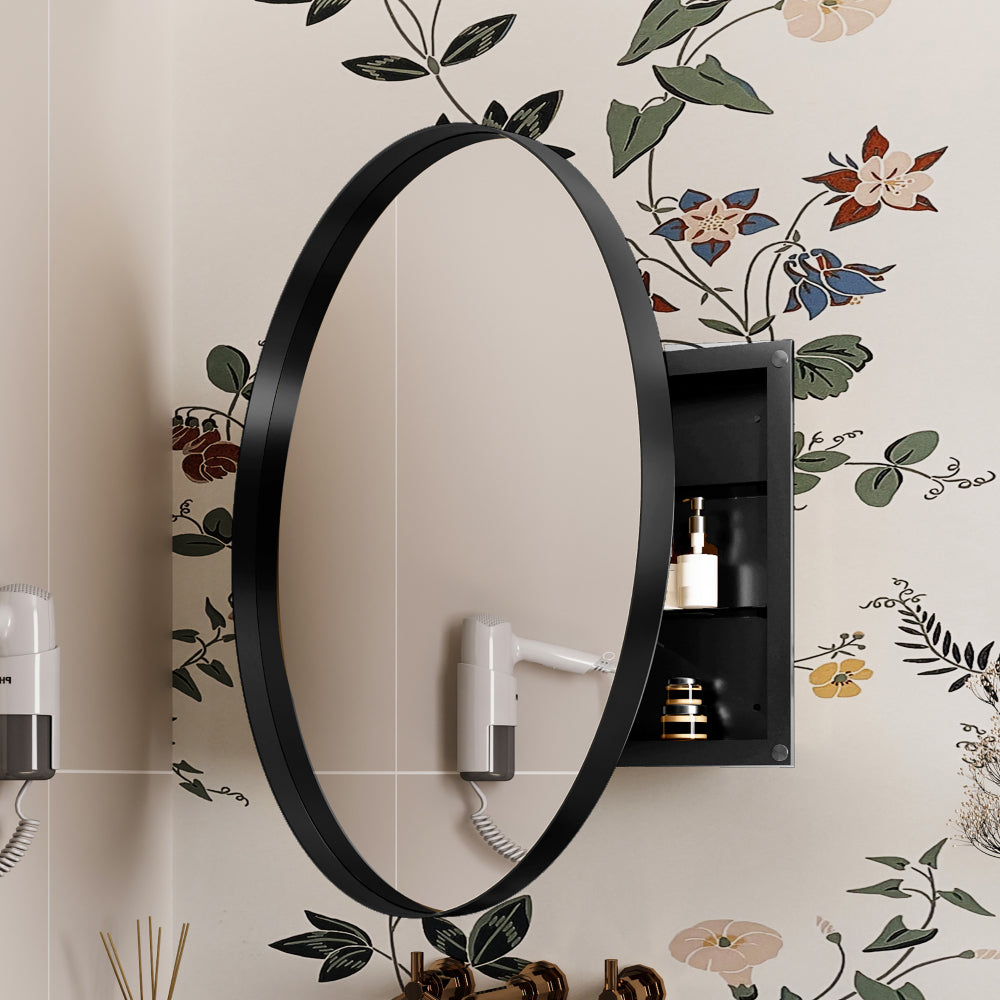 31.5 Inch Surface Mount Round Metal Framed Medicine Cabinet with Mirror and Adjustable Shelves Black Wall Mirror with Storage for Bathroom, Matte Gold