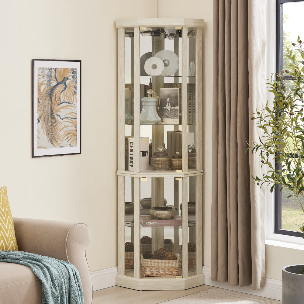 Lighted Corner Curio Cabinet - Elegant Glass Display Case for Living Room & Bar Storage - Perfect for Antique Collections & Wine - Includes Built-in Lighting - White