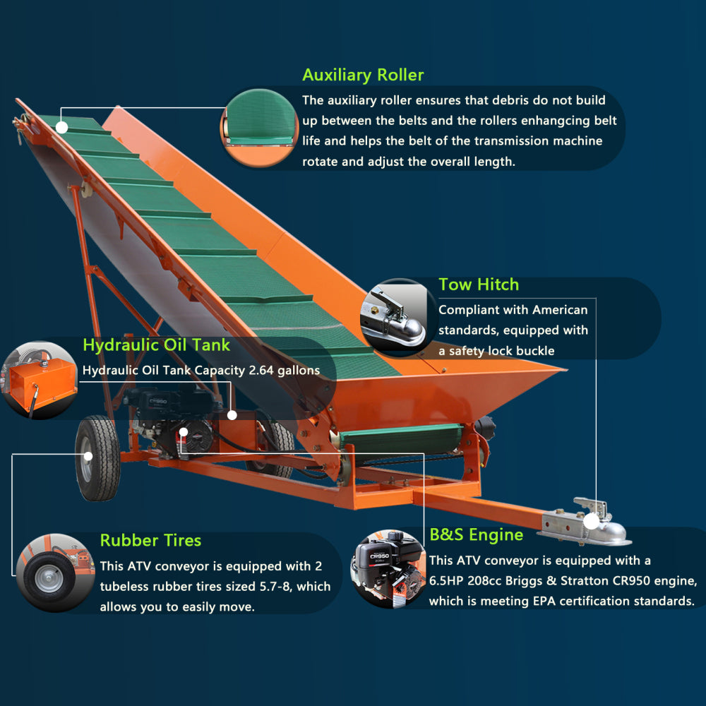 Firewood Conveyor 6.5HP 208cc Gasoline Powered 19.7" Width PVC Belt Wood Conveyor Lifter Elevator with B&S Engine
