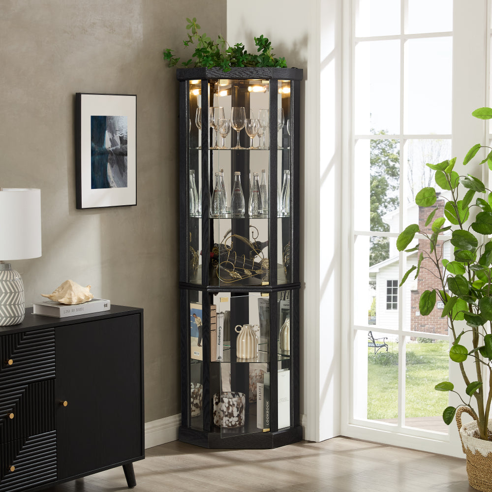 Lighted Corner Curio Cabinet - Elegant Glass Display Case for Living Room & Bar Storage - Perfect for Antique Collections & Wine - Includes Built-in Lighting - White