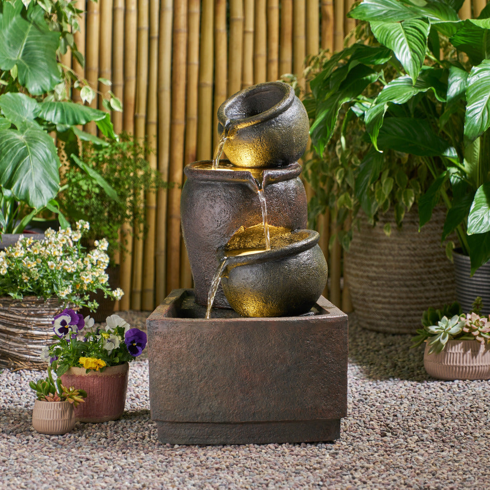 30.75" High 3-Tier Outdoor Fountain, Weather Resistant Floor Fountain with Light, Rustic Light Brown