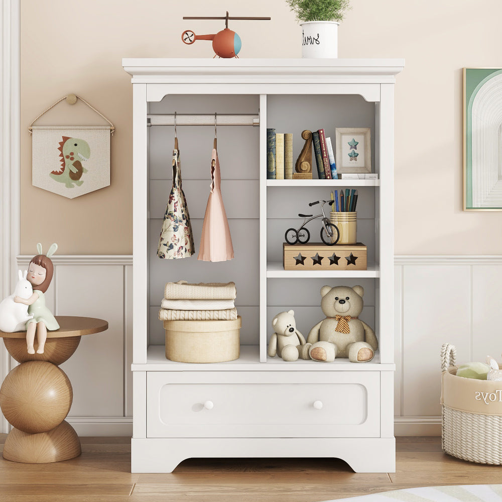 Open children's wardrobe with a hanging rod and open shelves, one large drawer, low design close to the ground for easy access,Pink.