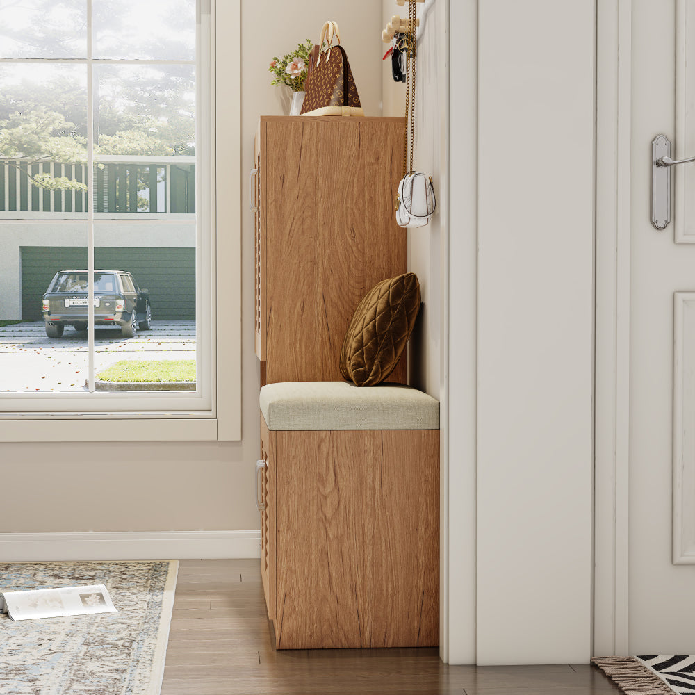 Multi functional Shoe Storage Cabinet with Bench & 7+3 Storage compartment, Adjustable layer board
, Shoe Bench with Cushion for Entryway,  Freestanding Shoe Rack for  Mudroom, Hallway,oak