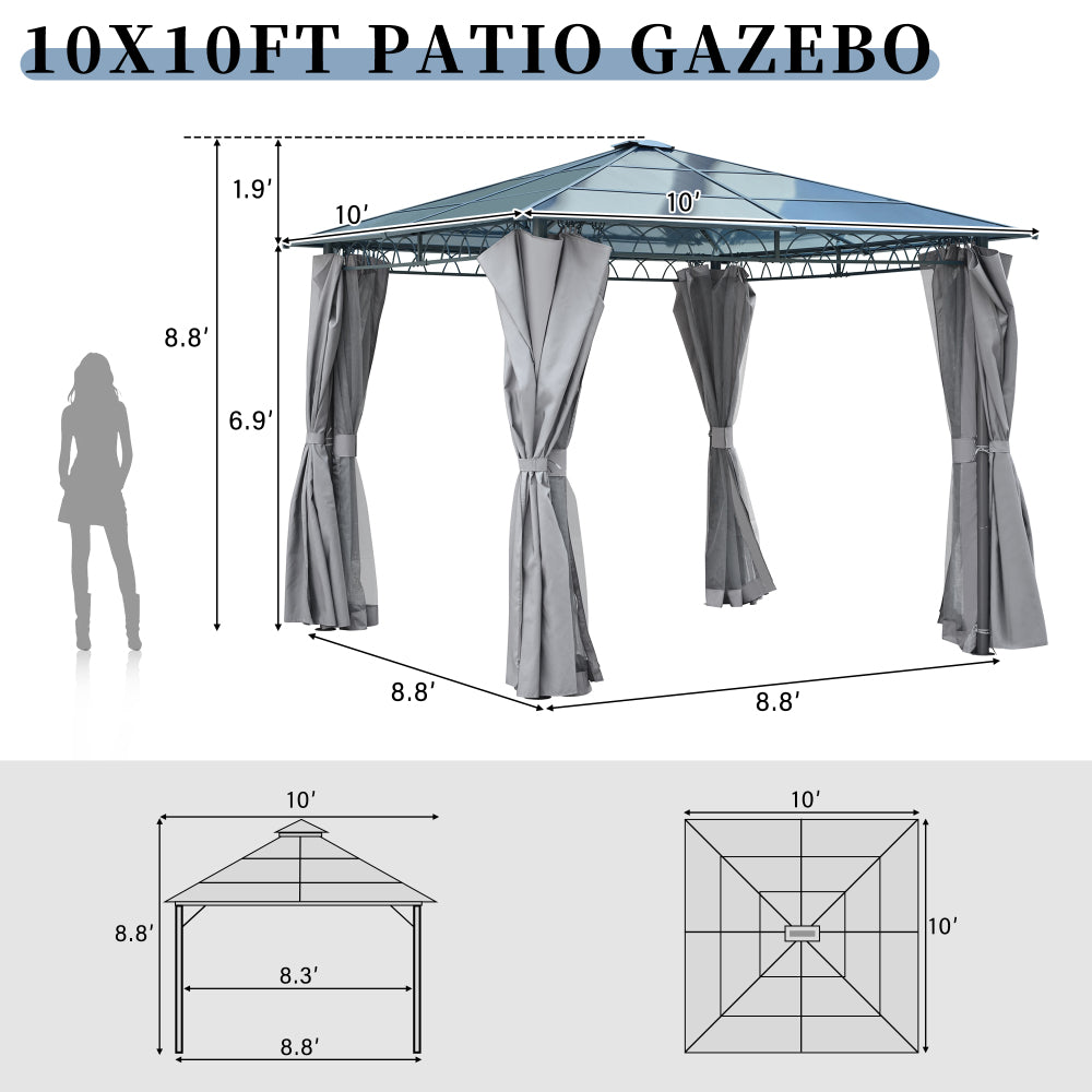 TREXM 10'x10' Hardtop Outdoor Gazebo with Polycarbonate Roof, Patio Gazebo with Aluminum Frame, Mosquito Netting and Privacy Screens for Shade and Rain, Backyard Tent for Backyard, Garden, Lawn (Grey)