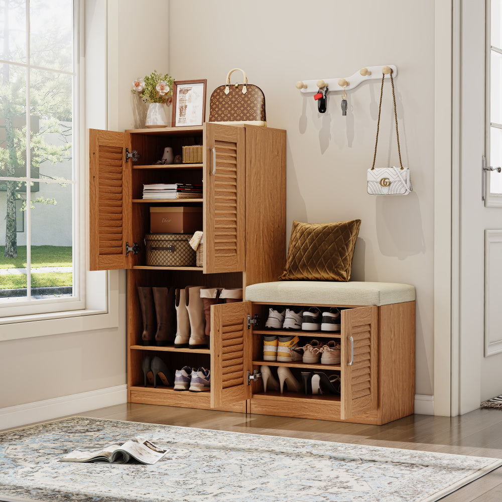 Multi functional Shoe Storage Cabinet with Bench & 7+3 Storage compartment, Adjustable layer board
, Shoe Bench with Cushion for Entryway,  Freestanding Shoe Rack for  Mudroom, Hallway,oak