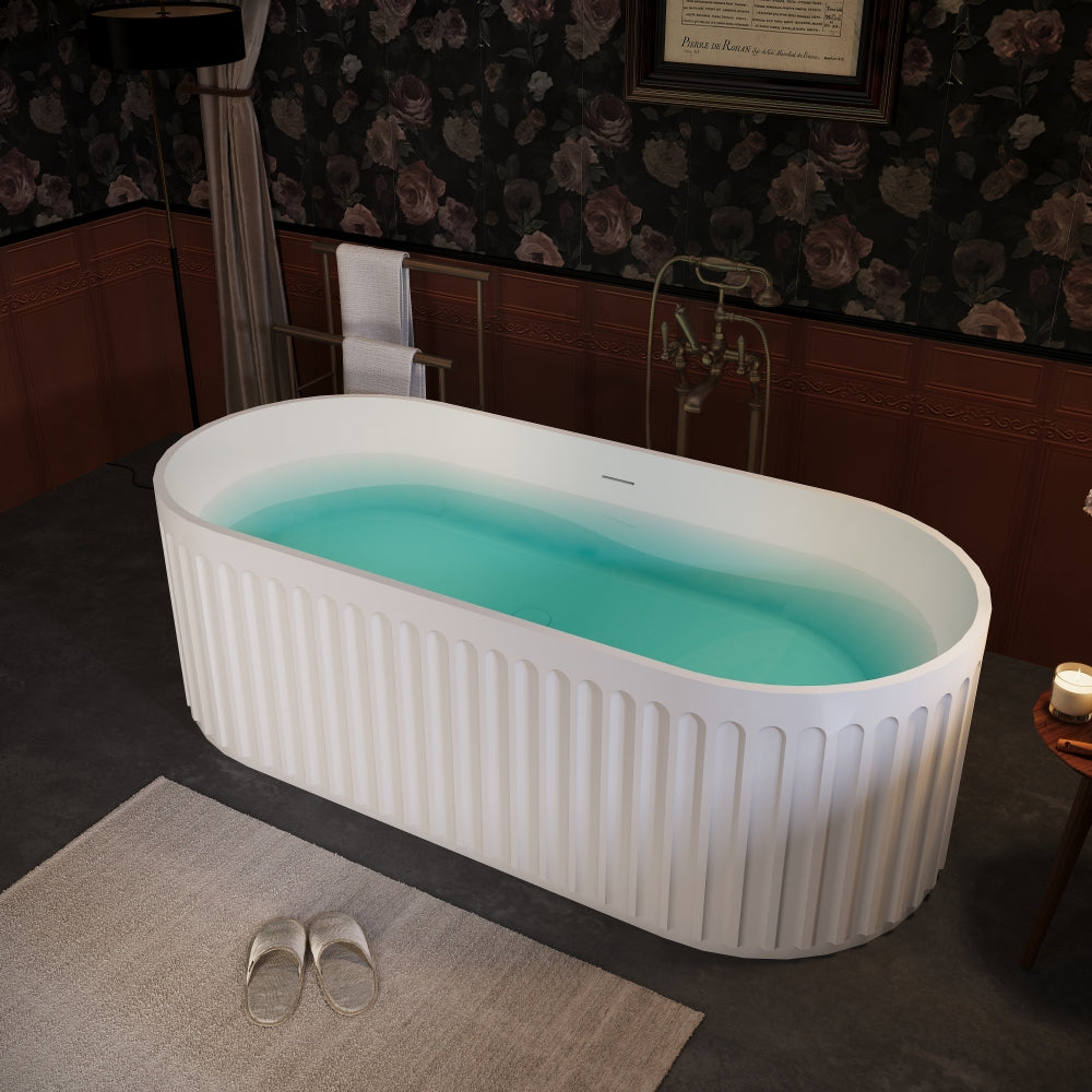 67" Freestanding Solid Surface Bathtub, Luxury Engineered Stone Resin Freestanding Soaking Bathtub with Overflow and Pop-up Drain cUPC Certified, Matte White 23S13-67