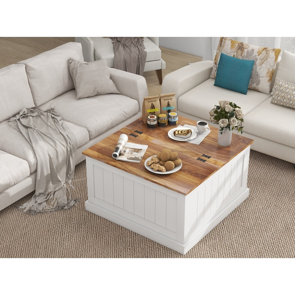 31.5" Farmhouse Coffee Table, Square Wood Center Table with Hinged Lift Top, Rustic Cocktail Table with Large Hidden Storage Compartmen for Living Room-White