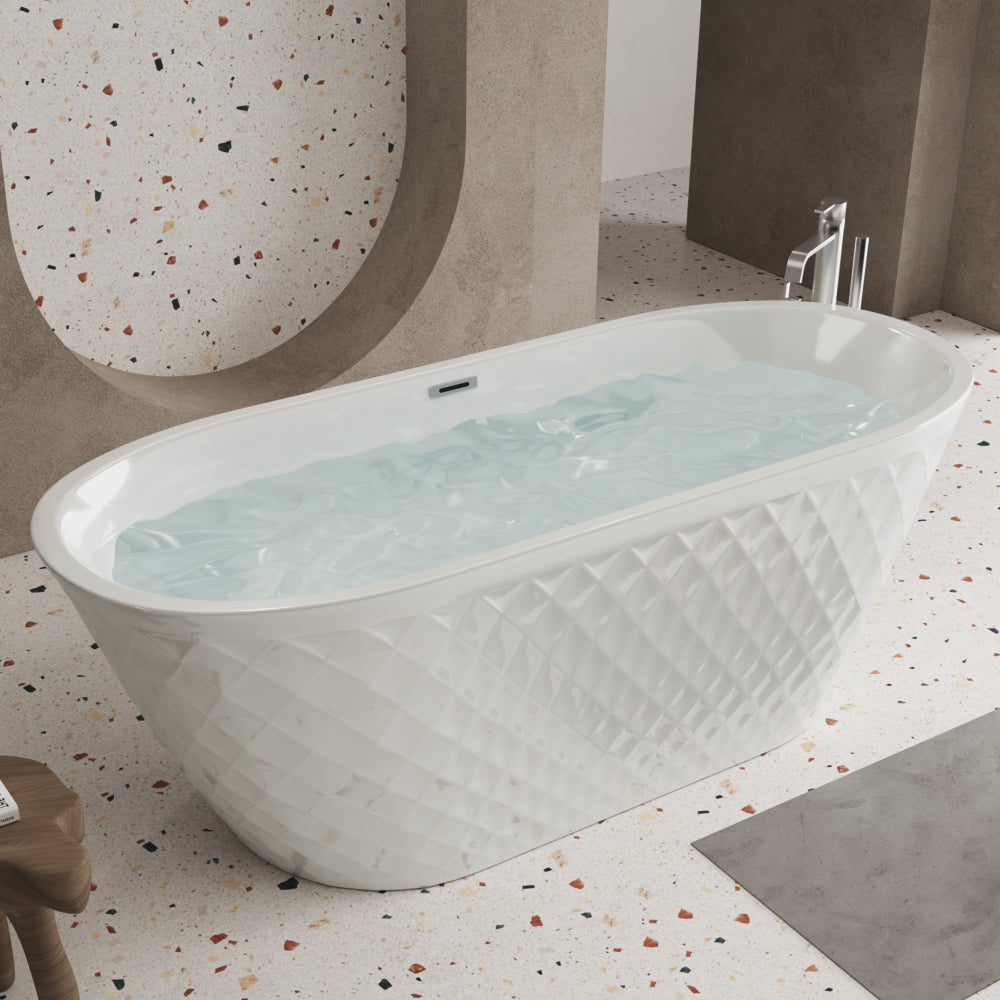 67'' acrylic freestanding bathtub with unique diamond pattern design: spacious oval shape,  Gloss white finish, Chrome overflow and pop-up drain CUPC Certificate