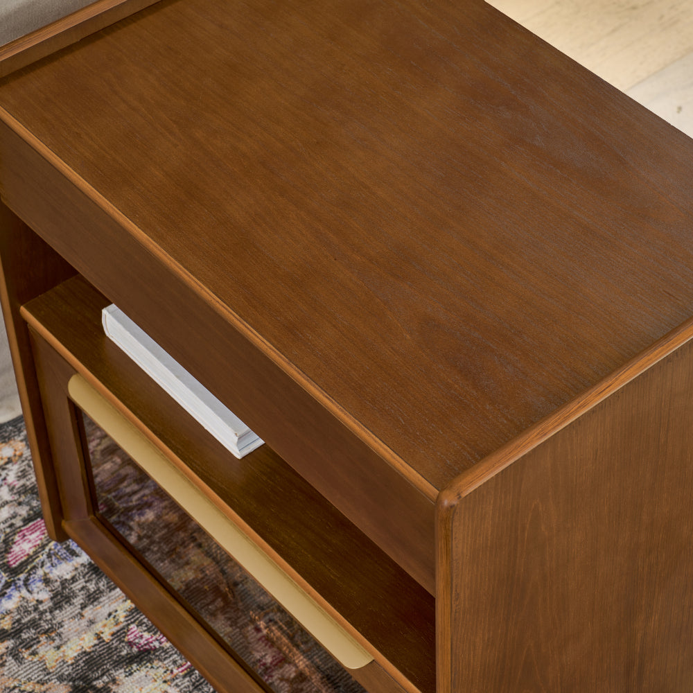 Mid Century Modern Nightstand with Charging Station & Outlet Hole & 2 Drawers, Farmhouse End Table with Open Shelf & Glass Drawer Dresser, Side Cabinet for Living Room Reception Room Dorm, Dark Walnut
