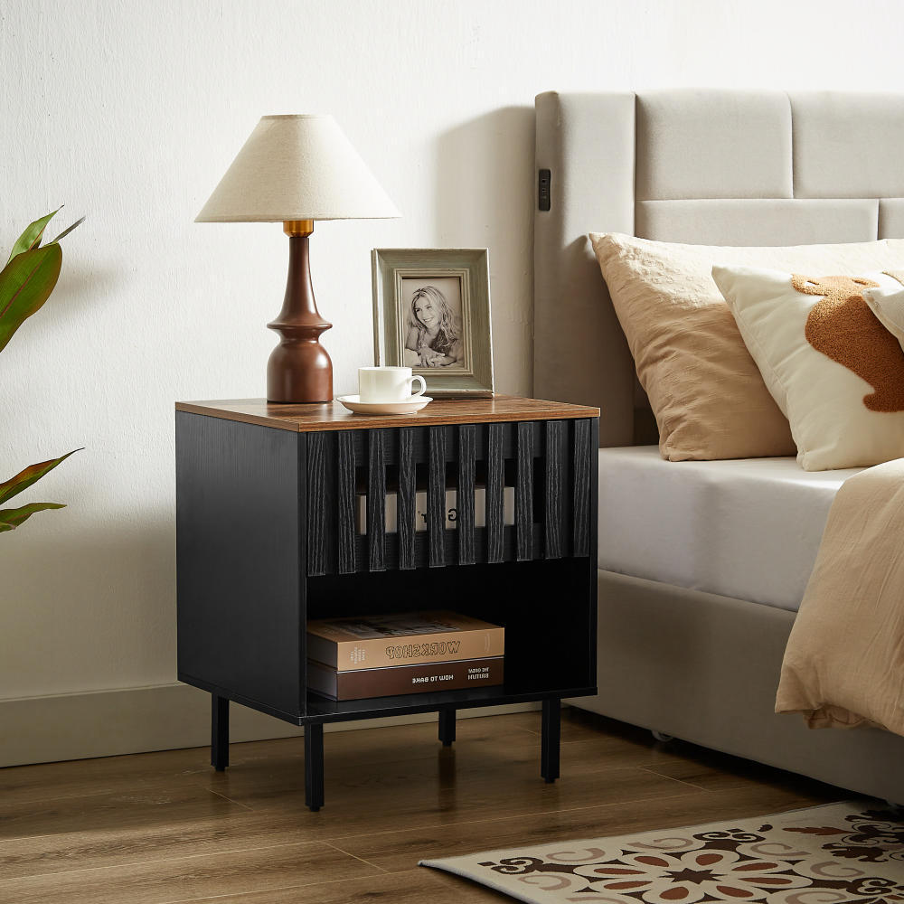 3 Drawer and 4 Shelves Dresser with Slatted Grille Striped Drawer and doors, Modern Style Dresser, High-Quality MDF and Metal Leg