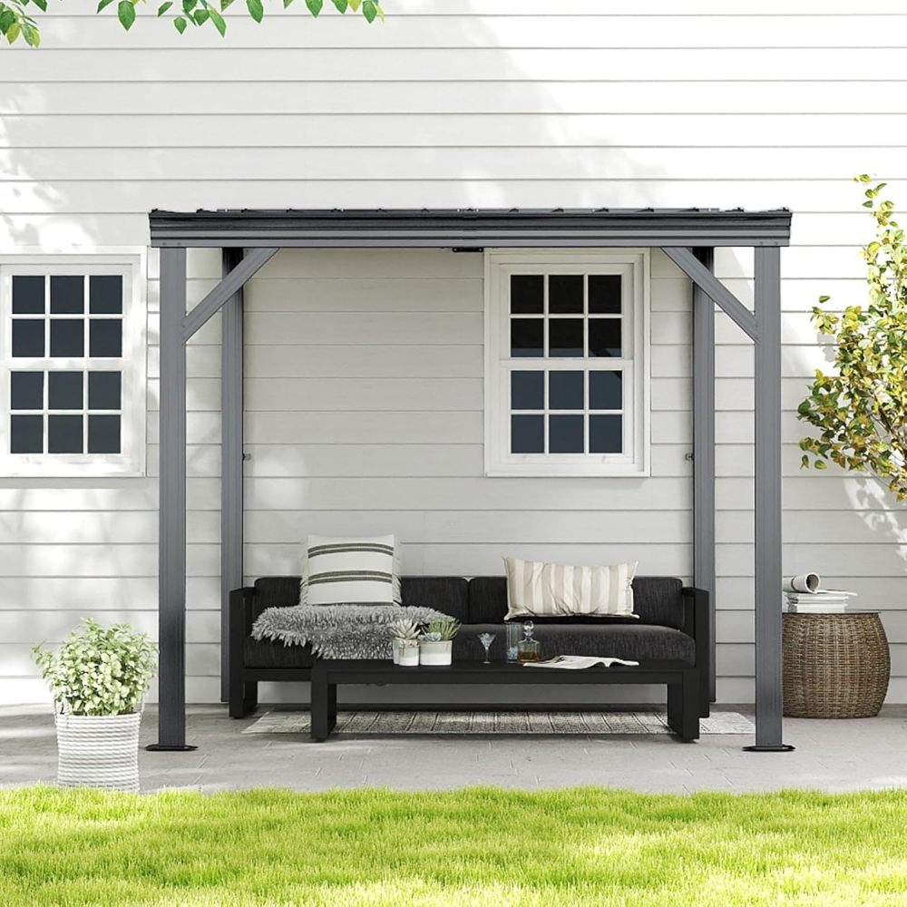 8'x 8' Lean to Gazebo with Upgraded Drainage System, Wall Mounted Gazebo Hardtop Galvanized Steel Sloping Roof for Patio Deck Backyard Lawn Party(Gray)