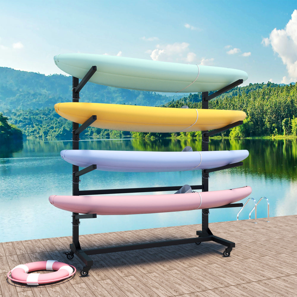 80''H Freestanding Kayak Storage Rack – Holds 4 Kayaks, Heavy-Duty Adjustable Stand with Lockable Wheels for Kayak, Canoe, SUP & Surfboard, 45.87"W*28.94"D*80"H