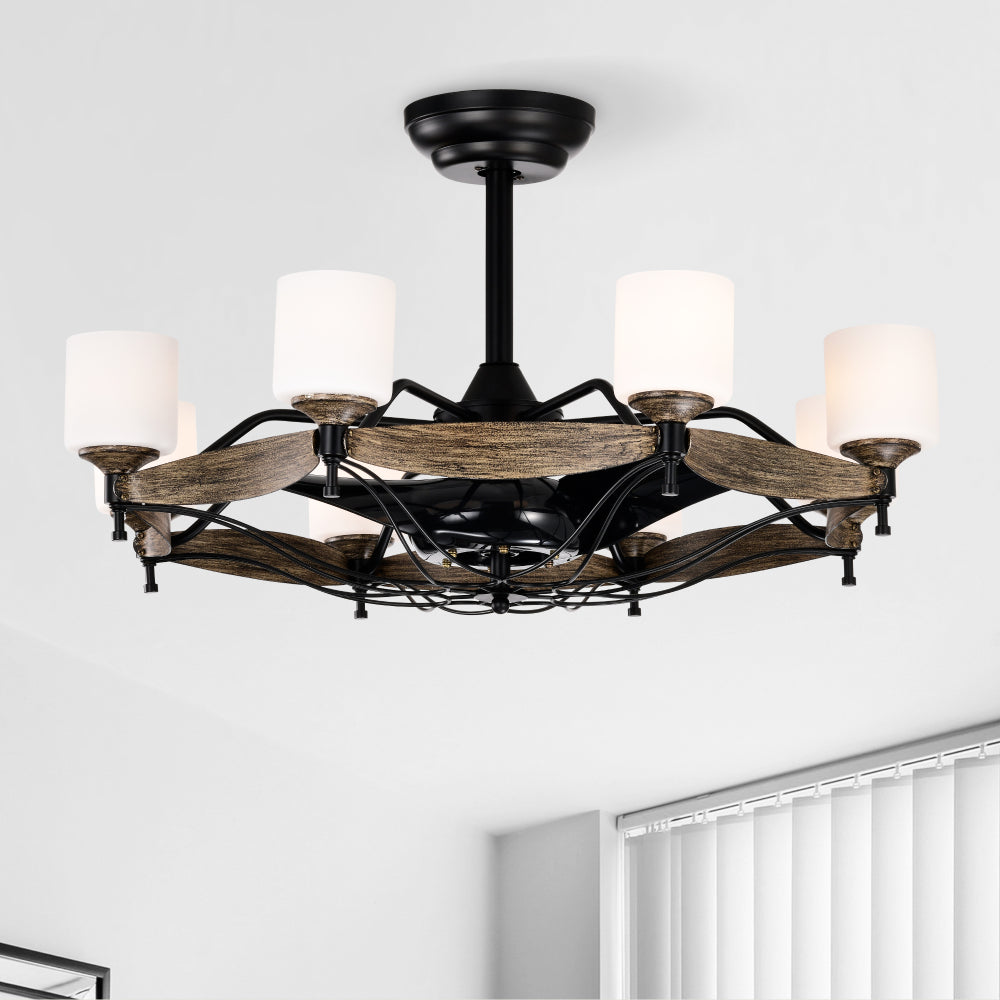 Dia 33 inch Chandelier Ceiling Fan for Bedroom Dining Room Living Room Kitchen Farmhouse Entry,Matte Black+  Wood Grain