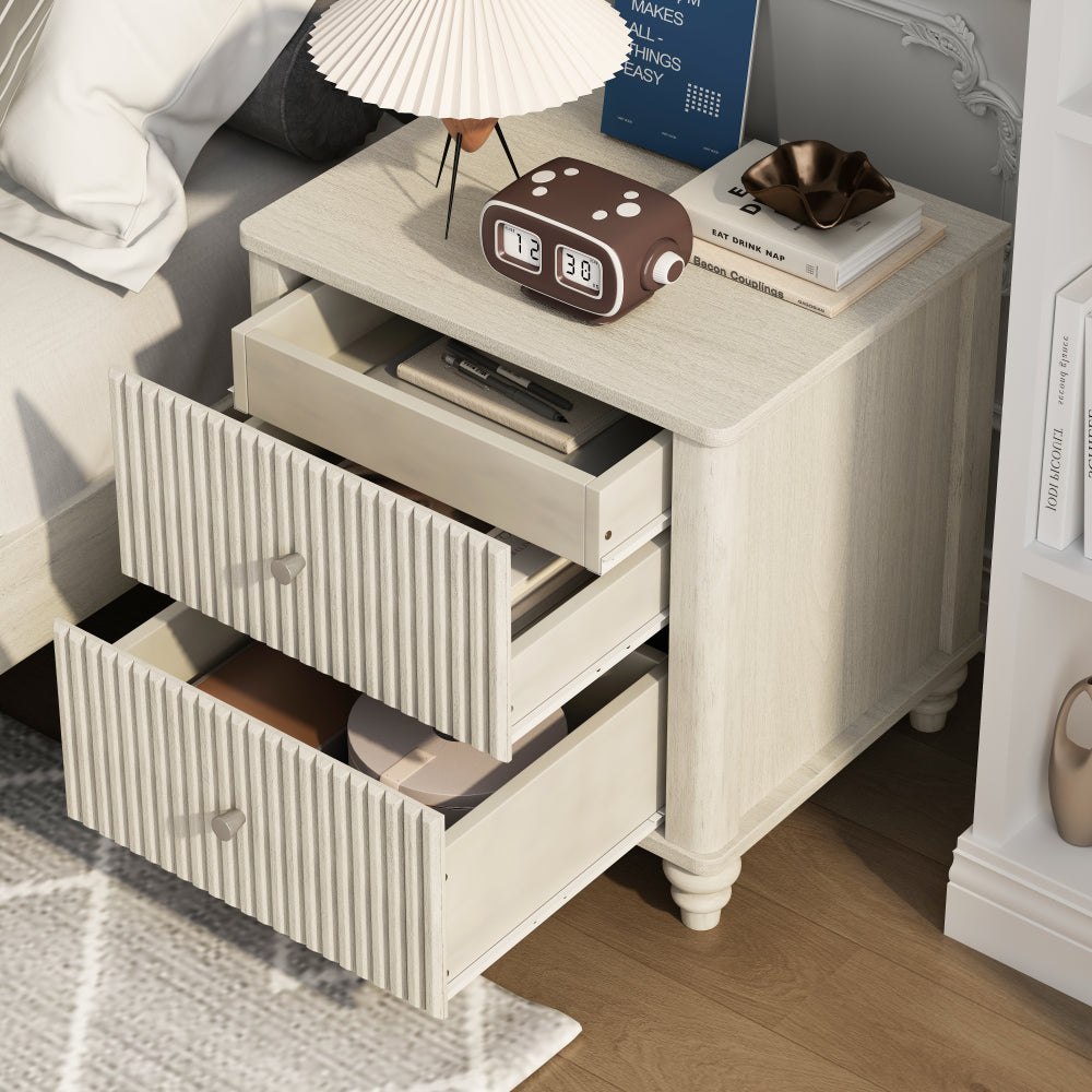 Fluted Nightstand, 21.65" Wide Side Table with 3 Drawers, Mid Century Modern Wood NightStand with Metal Handle, Wooden Bedside End Table for Bedroom, Living Room, Closet, Beige