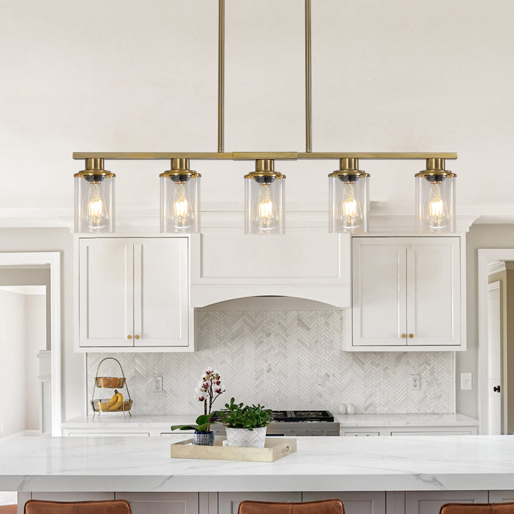 37" Modern Industrial 5-Light Chandelier with Clear Glass Shades, Golden Metal Frame Hanging Ceiling Light Fixture for Dining Room, Kitchen Island, Living Room (No Bulbs)