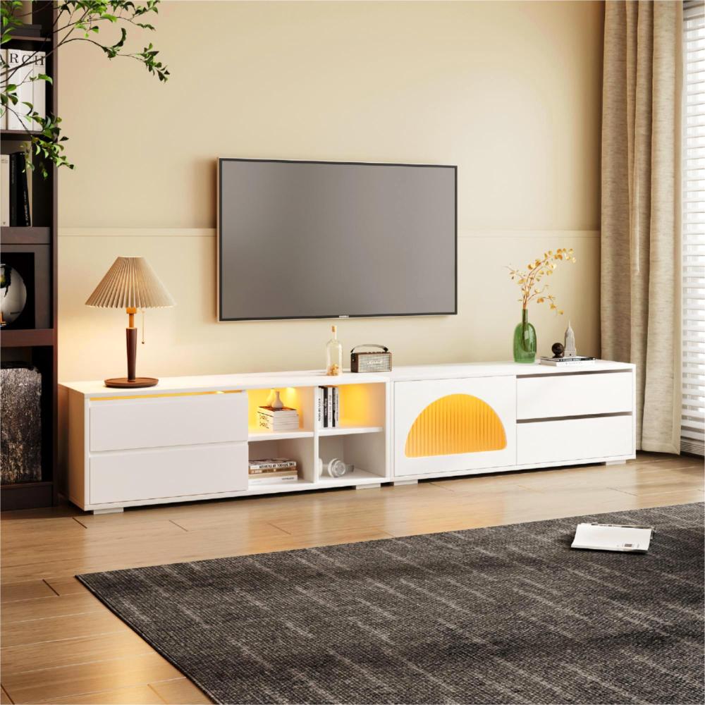 ON-TREND TV Stand with Fluted tempered Glass Doors for TVs Up to 95'', Functional Media Console with Arched Cabinet Doors, Entertainment Center with APP-Controlled LED Light for Living Room, Black