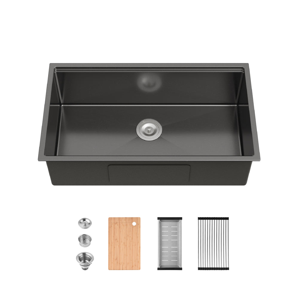 Stainless Steel Kitchen Sink, 30″x19″ Single Bowl, Undermount HandmadeSink in Black, with US Standard Drain and Hook, SS-BL-05