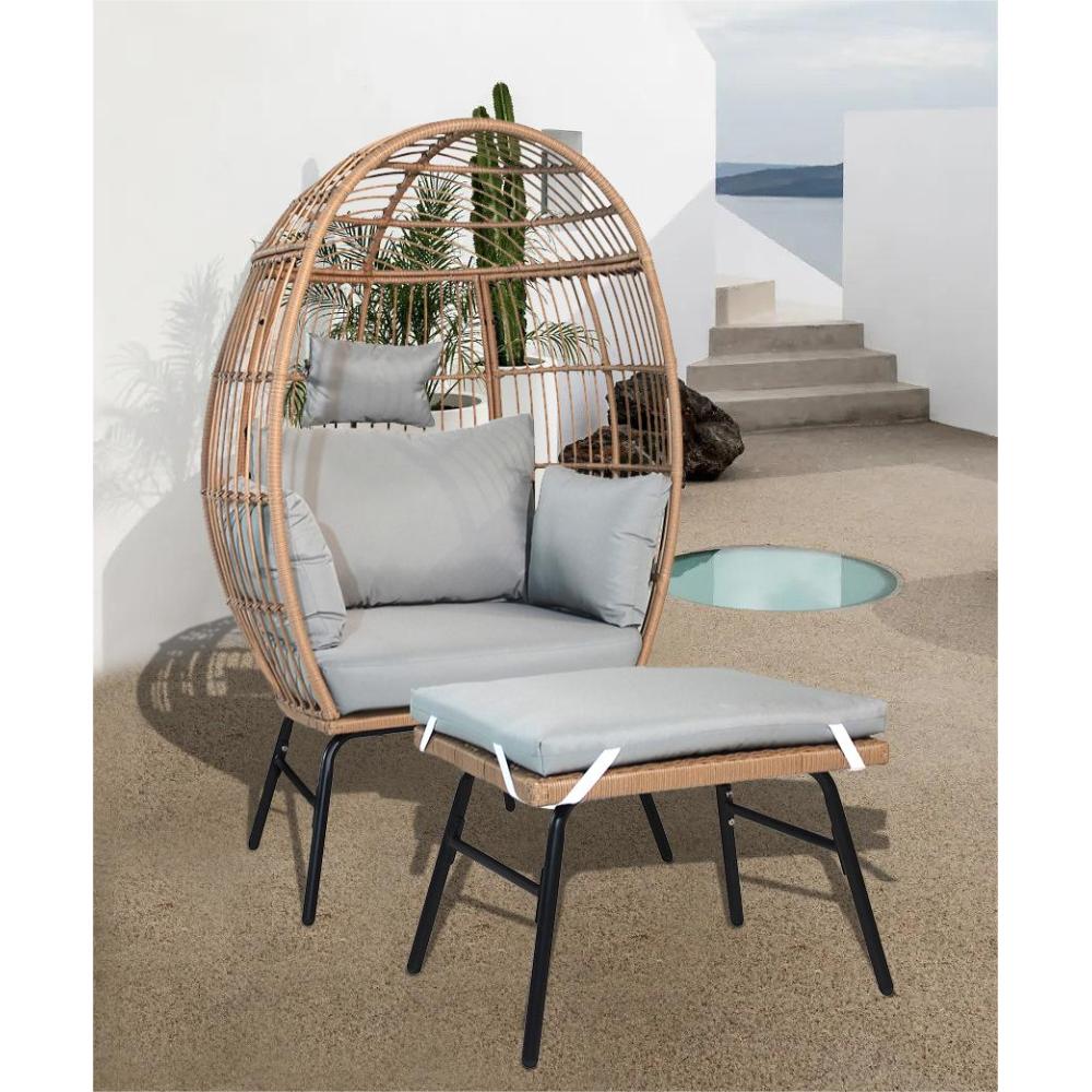 Outdoor Garden Wicker Egg Chair And Footstool Patio Chaise, With Cushions, Outdoor Indoor Basket Chair