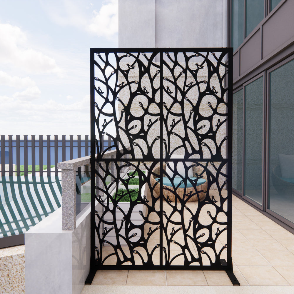 Metal Privacy Screens W3.8Ft X H6Ft Outdoor and Indoor Divider with Free Standing Decorative Privacy Screen for Balcony Patio Garden Room Divider, Black Bird Shape