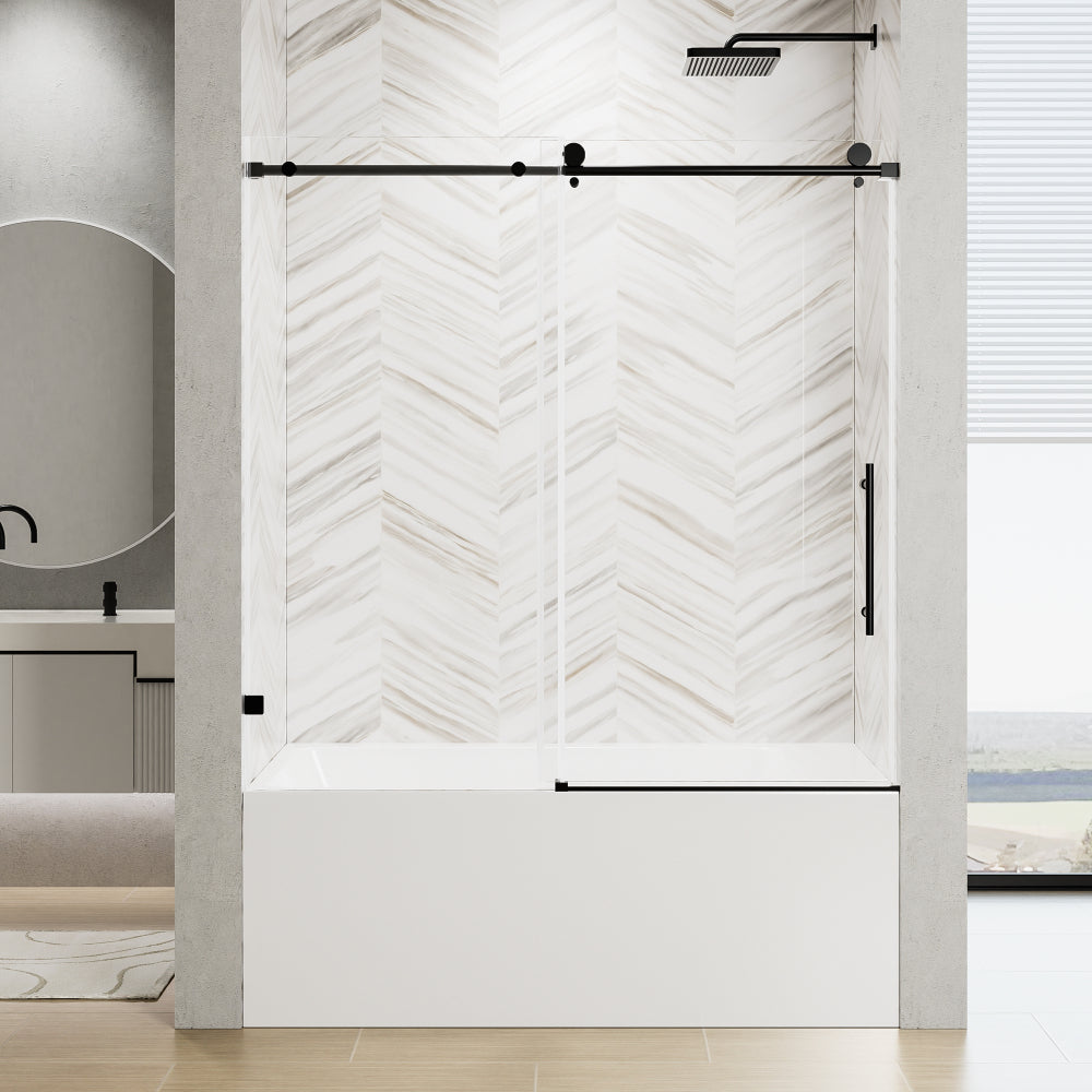 60" W x 60" H Frameless Single Sliding Shower Door, Soft-Close Matte Black Bathtub Door, 5/16" (8mm) Clear Nano-Coated Tempered Glass with Stainless Steel Handle