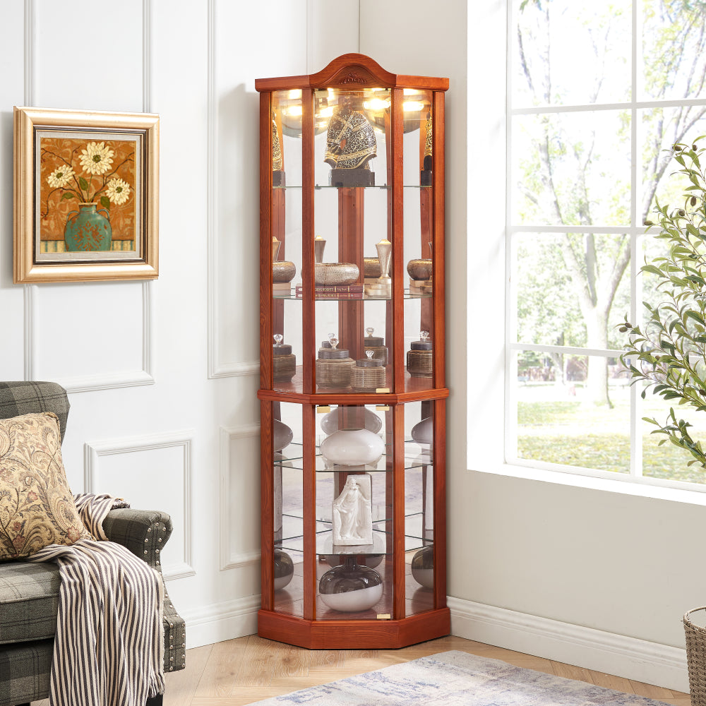 Glass Cabinet Lighted Corner Cabinet Corner Display Curio Cabinet, Glass Display With Light(Included)Bar Cabinet,Wine Cabinet with Adjustable Glass Shelves Carved Decoration OAK Light(Included)