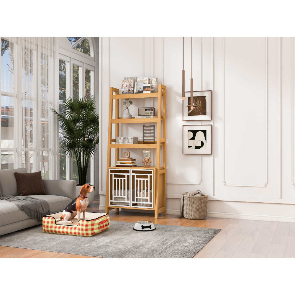 Modern 2 IN 1 Dog Furniture Dog Crate Ladder Bookshelf, Tall Wood Display Shelf  with Storage, Dog Kennel Bookcase