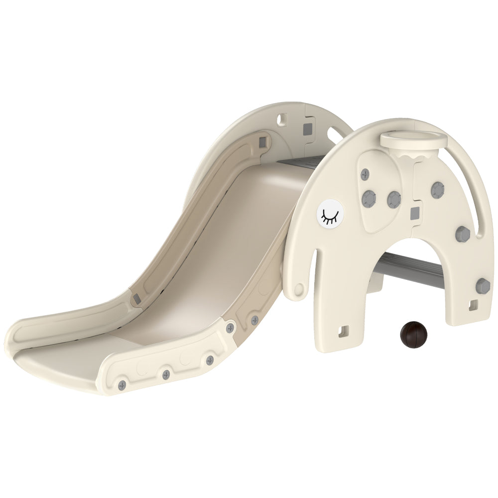 Qaba 3 in 1 Toddler Slide for Years 1-3, Kids Slide with Climber, Basketball Hoop, Elephant-Shaped Indoor Slide, Cream White
