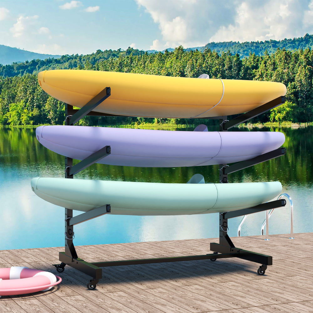 41"H Freestanding Kayak Storage Rack – Holds 3 Kayaks, Heavy-Duty Adjustable Stand with Lockable Wheels for Kayak, Canoe, SUP & Surfboard, 45.87"W*28.94"D*41"H