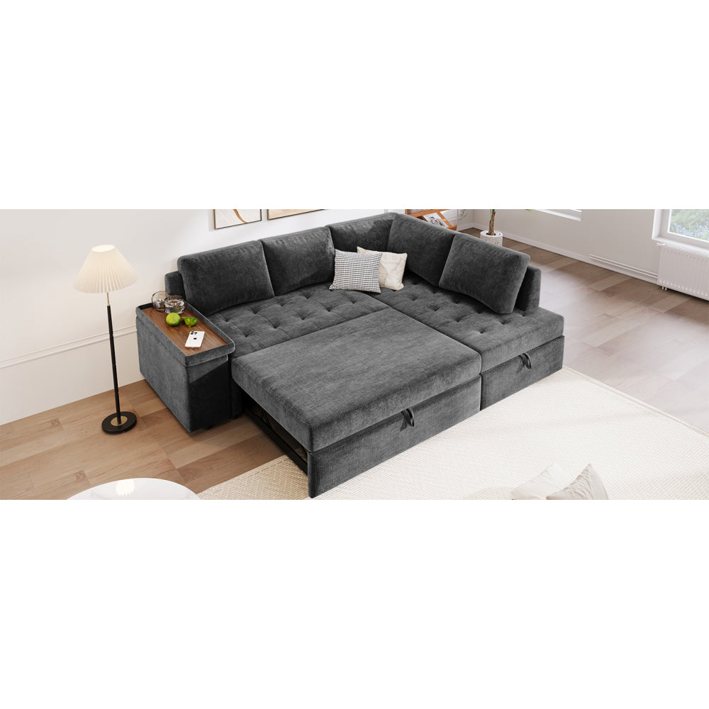 Mirod 91.5-Inch L Shaped Couch with Pull Out Bed and Storage Sectional Sleeper Sofa with Hidden Storage , Wide Armrest with storage,for Living Room, Apartment, Bedroom, Office