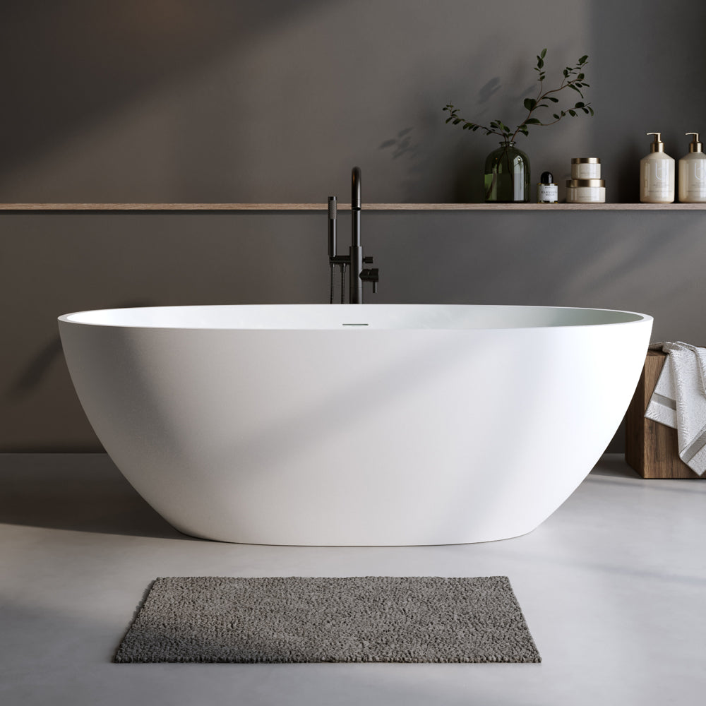 59'' Solid Surface Matte Tub, Solid Surface Soaking Tub, Stone Resin Freestanding Bathtub, Thick Edge Stand Alone Tubs with Overflow, Pop-up Drain, Matte White (Oval)