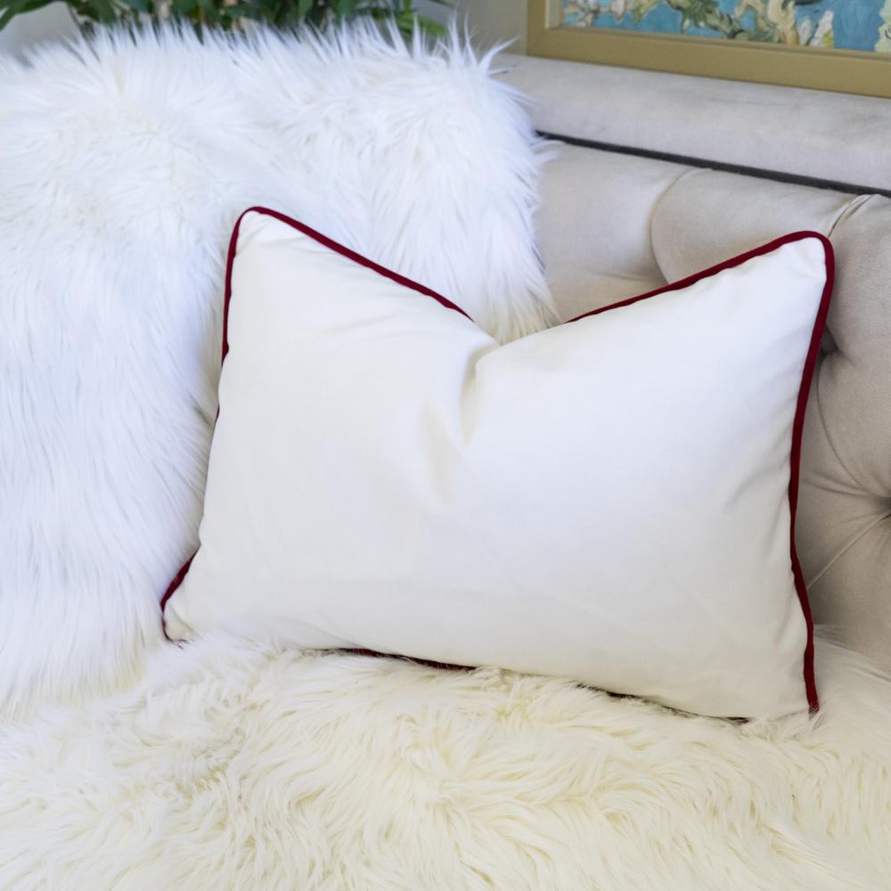 JOY Embroidered Christmas Throw Pillow – 14x20" Velvet Lumbar Cushion in Red and White with Green Holiday Accents