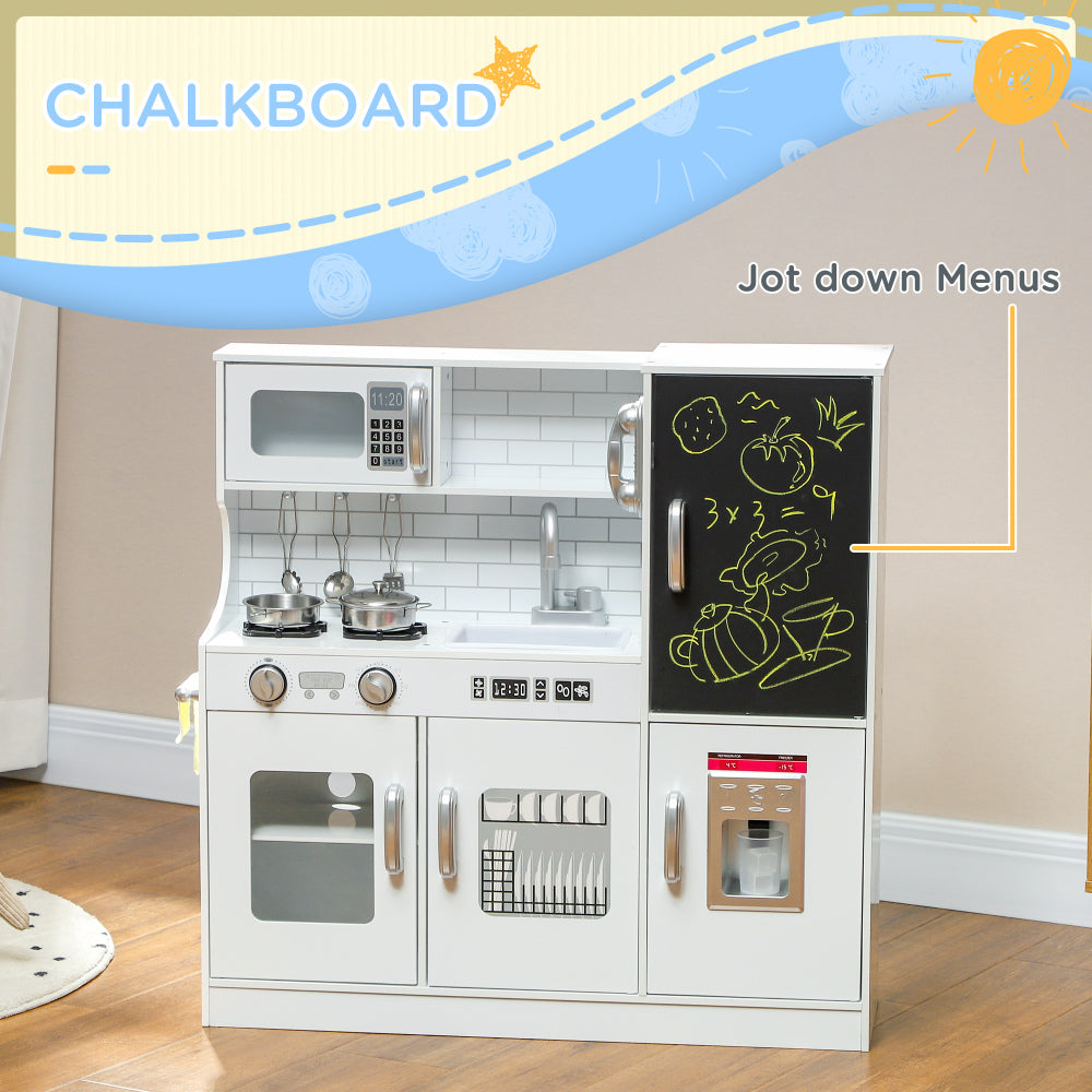 Qaba Play Kitchen, Kids Kitchen Playset Pretend Play Toy Kitchen with Play Phone, Chalkboard, Towel Rack, Ice Maker, 5 Accessories, Storage Space, Microwave & Sink, Gift for 3-8 Years, White