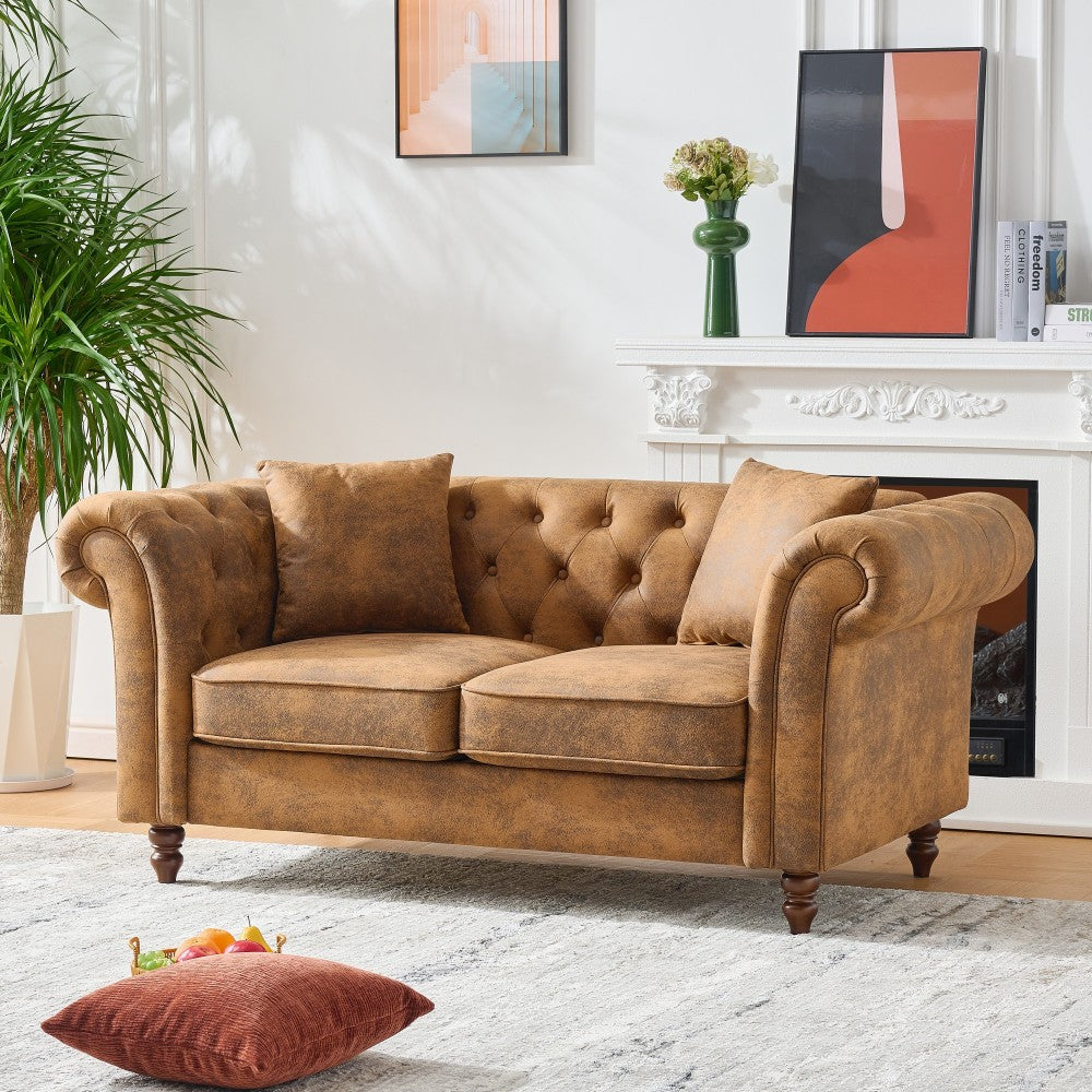 66"Chesterfield ‌Faux Leather Sofa,High-tech Fabric Roll Armrest Sofa,Upholstered Mid Century Modern Couch,2 Seater Couch for Living Room, Office, Apartment, Brown