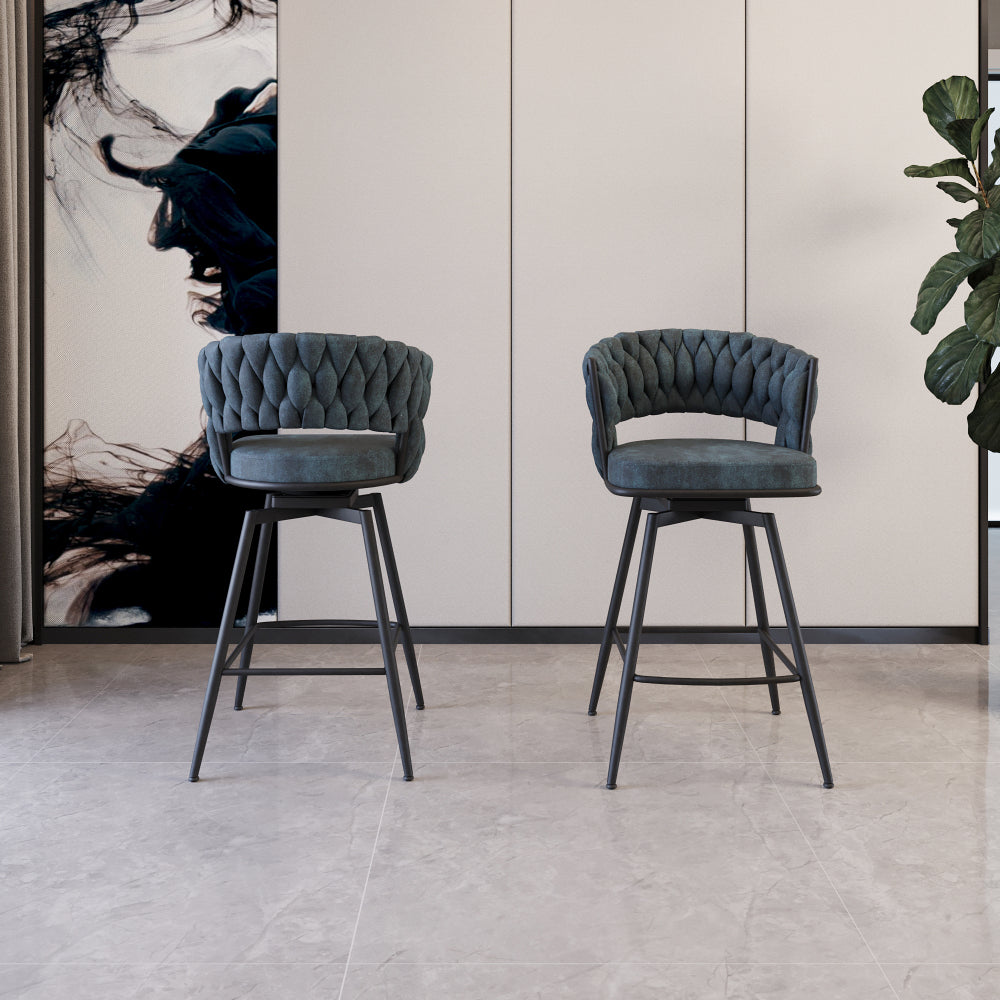 26" Bar Chair Linen Woven Bar Stool Set of 2,Black legs Barstools No Adjustable Kitchen Island Chairs,360 Swivel Bar Stools Upholstered Bar Chair Counter Stool Arm Chairs with Back Footrest (Green)