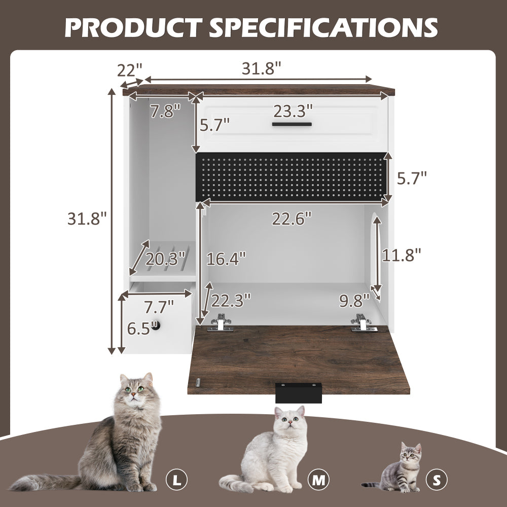 Cat Litter Box Enclosure, Indoor Hidden Cat Litter Box Furniture with 2 Drawers and Door, Cat House End Table for Living room, White and Brown