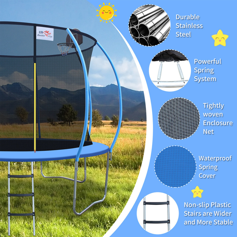 DOUBLE FISH 12ft Foldable Mini Trampoline Fitness Rebounder with Handrail for Adults, 400 Lbs Capacity, Blue Round Iron Frame, Compact & Portable for Home Workouts