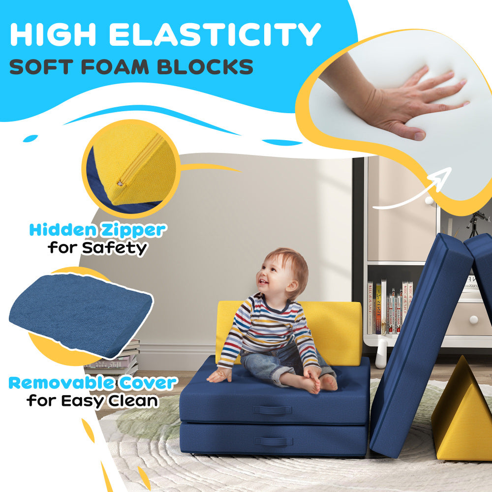 Qaba Modular Kids Play Couch, 6 Piece Kids Couch for Playroom or Bedroom, Foam Couch for Kids with Washable Cover for Toddlers 18+ Months, Blue