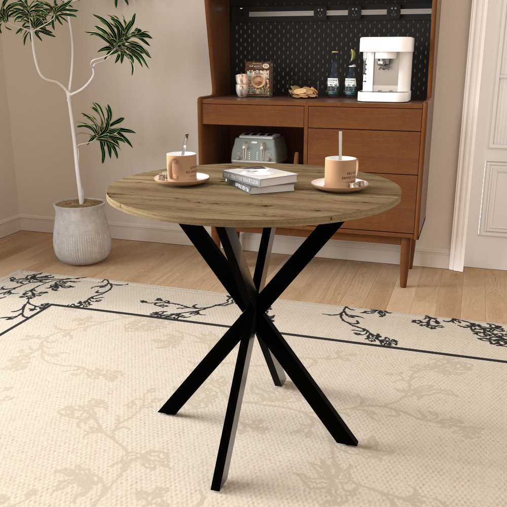 31.5 Inch Round Dining Table, Small Circle Kitchen Table with Metal Black Legs for 2-4 people,Modern Dining Room Table, Brown (only table)