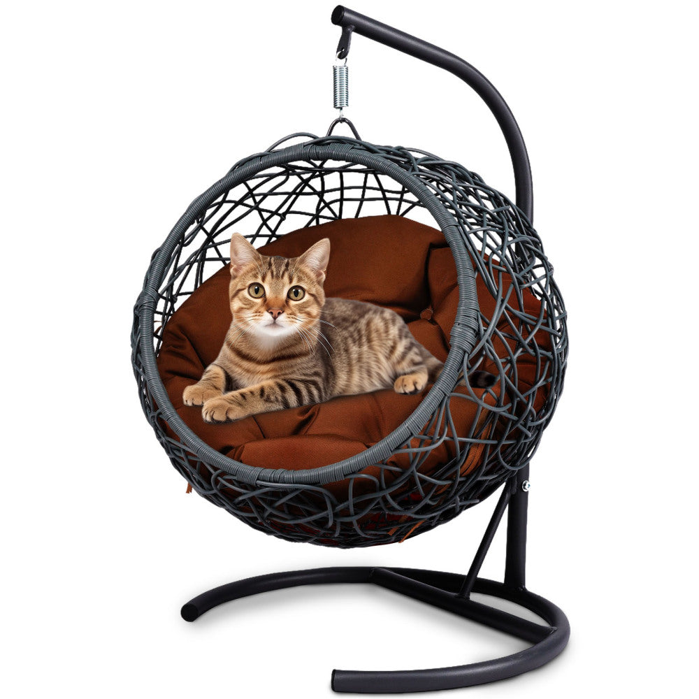 Cat Swing Bed with Stand & Cushion, Cat Egg Chair with Rattan Wicker Appearance, Indoor Hanging Swinging Cat Bed for Cats, Small Dogs, and Small Animals, Brown