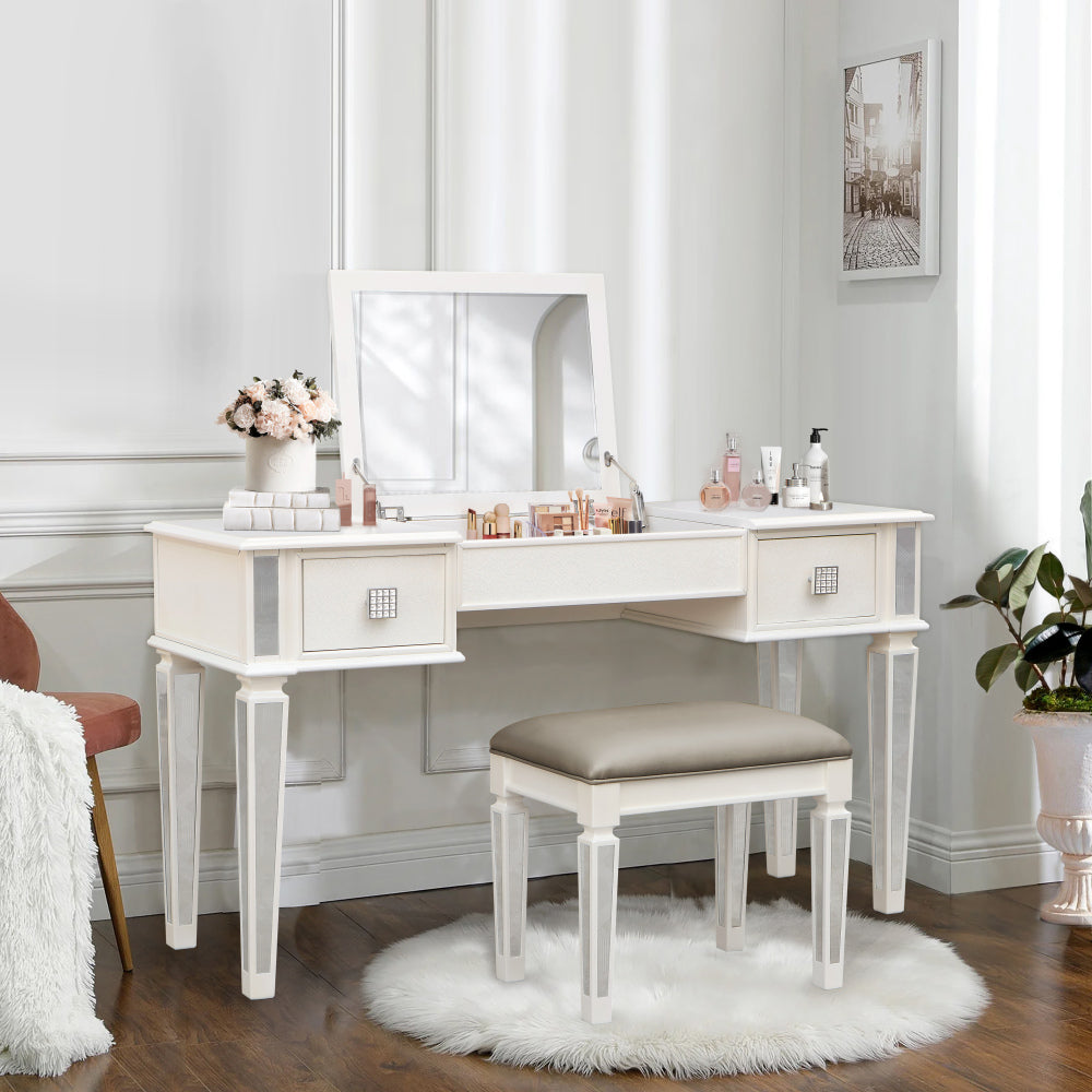 Mirrored Vanities Desk with Drawers, Bedroom Makeup Vanity Table Set with Mirror and Stool, Flip Up Dressing Table for Bedroom/Makeup Room, Working Desk for Women, Girl Furniture Combo