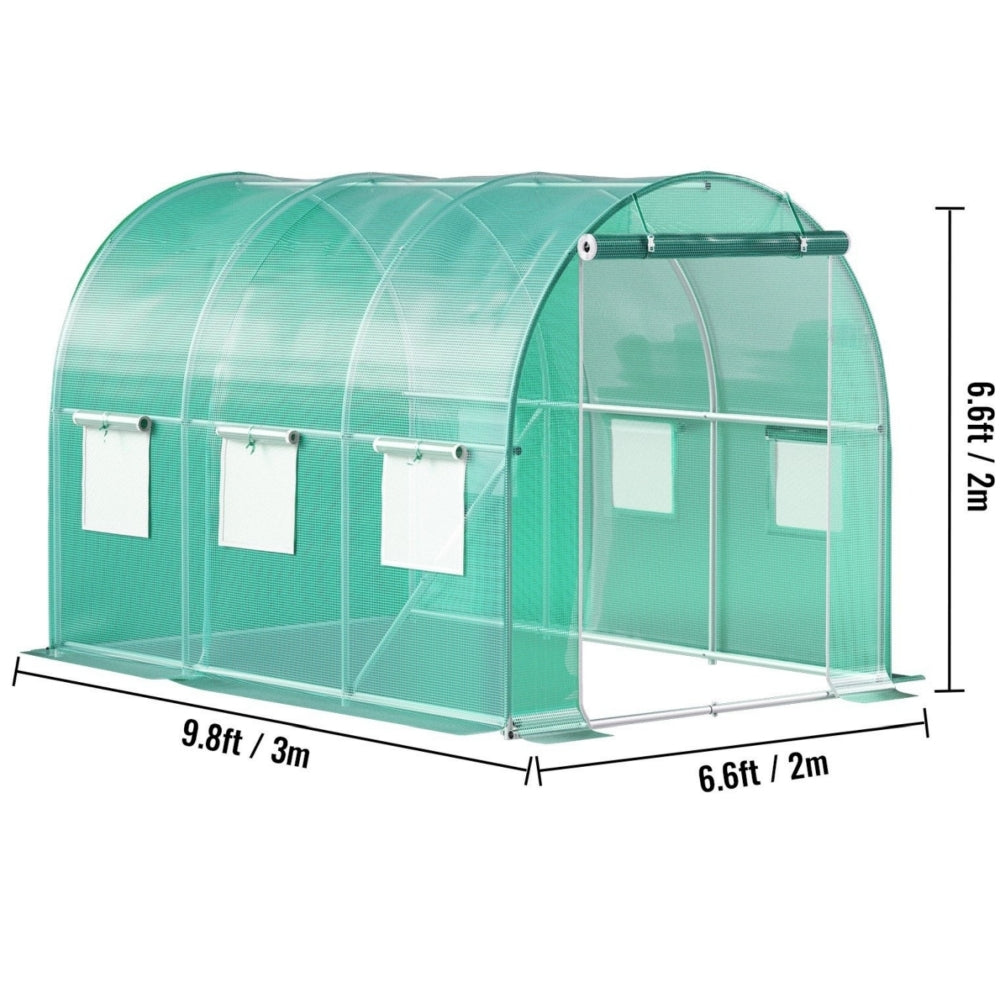 Walk-in Tunnel Greenhouse, 9.8 x 6.6 x 6.6 ft Portable Plant Hot House w/ Galvanized Steel Hoops, 1 Top Beam, Diagonal Poles, Zippered Door & 6 Roll-up Windows, Green