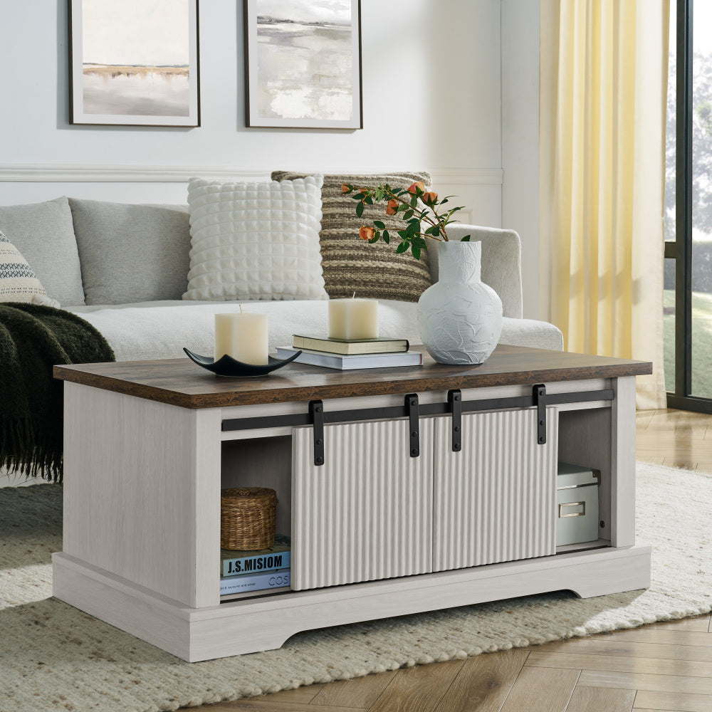 41.3 Inch Coffee Table with Storage and Sliding Wood Door, Farmhouse and Industrial Cocktail Table with Adjustable Shelves, Rectangular Rustic Living Room Table for Living Room Meeting Room