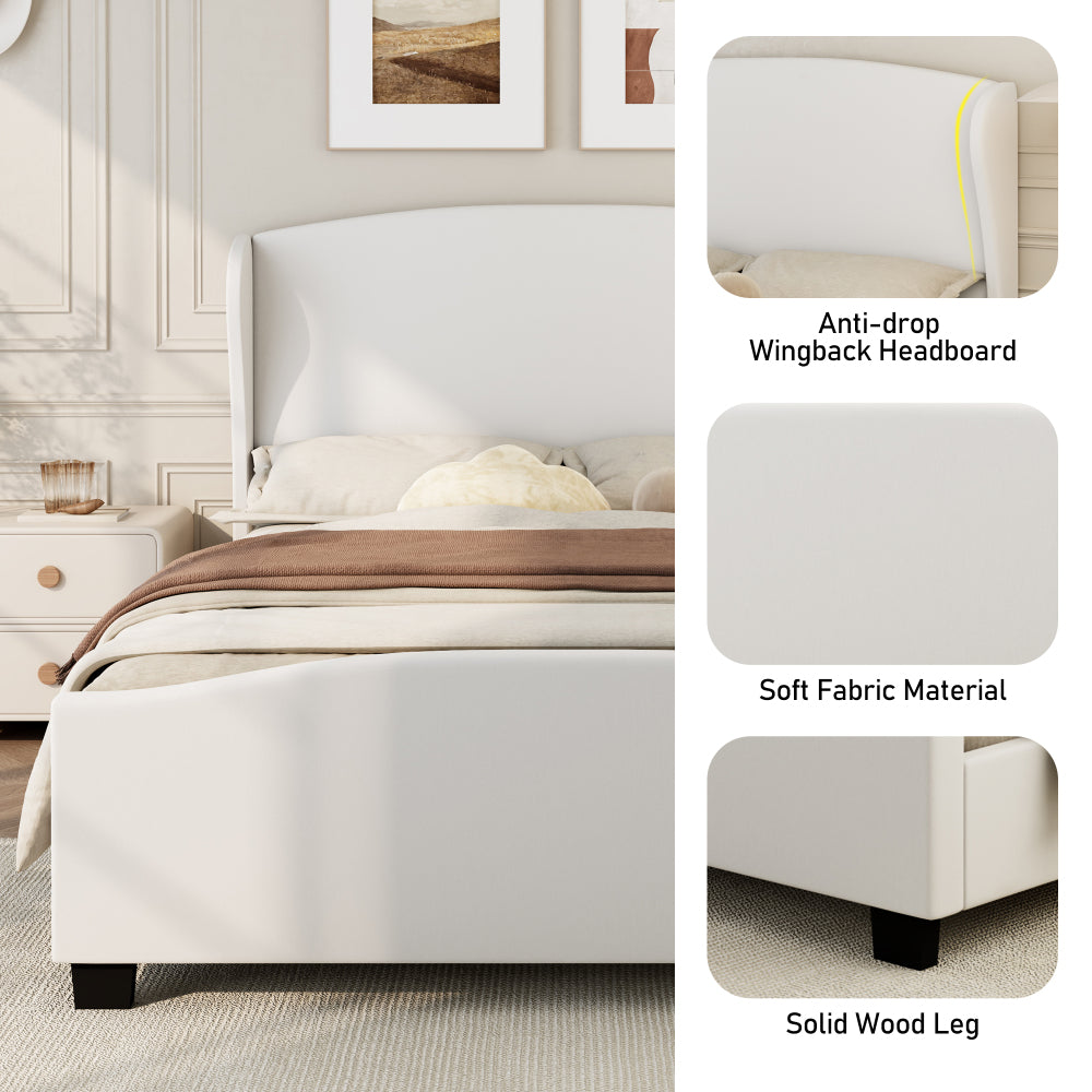 Queen Size 51" High Headboard Wingback Linen Upholstered Bed No Box Spring Needed, Beige