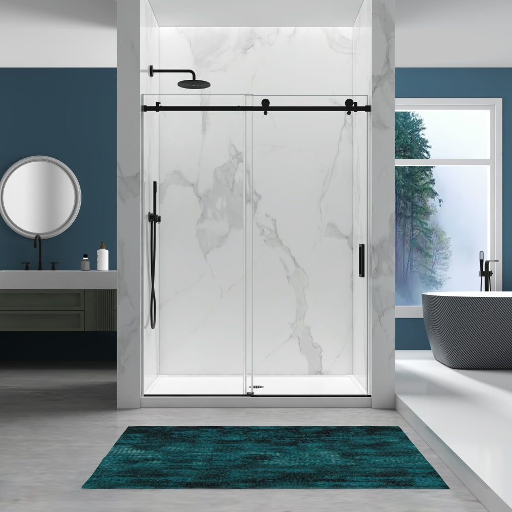 56-60"W×76"H Frameless Shower Door,6mm SGCC Tempered Glass+Protective,Matte Black,Stainless Steel Handle/ Rail,Adjustable Width,Easy Inst